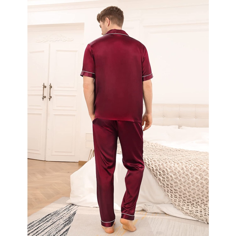 SWOMOG Men's Silk Satin Pajama Set Short Sleeve Classic Sleepwear Button Down Loungewear with Long Pants - Image 4